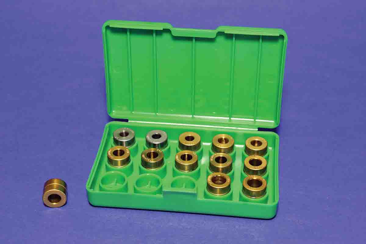 Neck bushings, like these for Redding type-S dies, tend to size necks straighter partly because the case is supported squarely by the bottom of the case holder while the bushing is pushed over the neck.